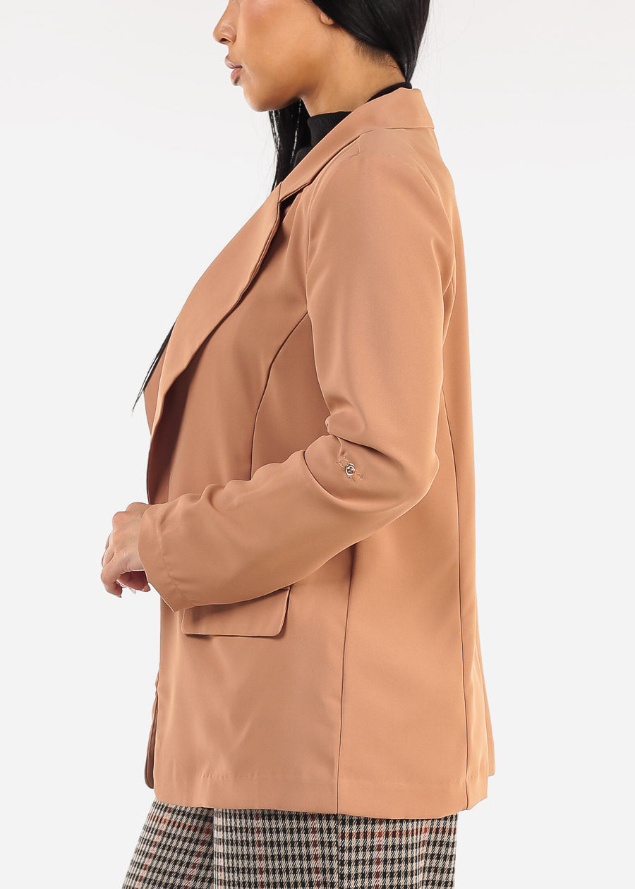 Long Sleeve Open Front Taupe Blazer w Pockets