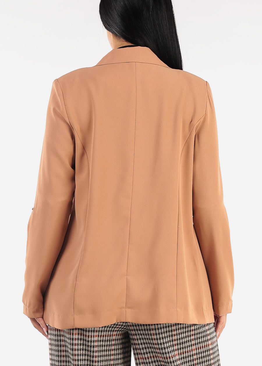 Long Sleeve Open Front Taupe Blazer w Pockets