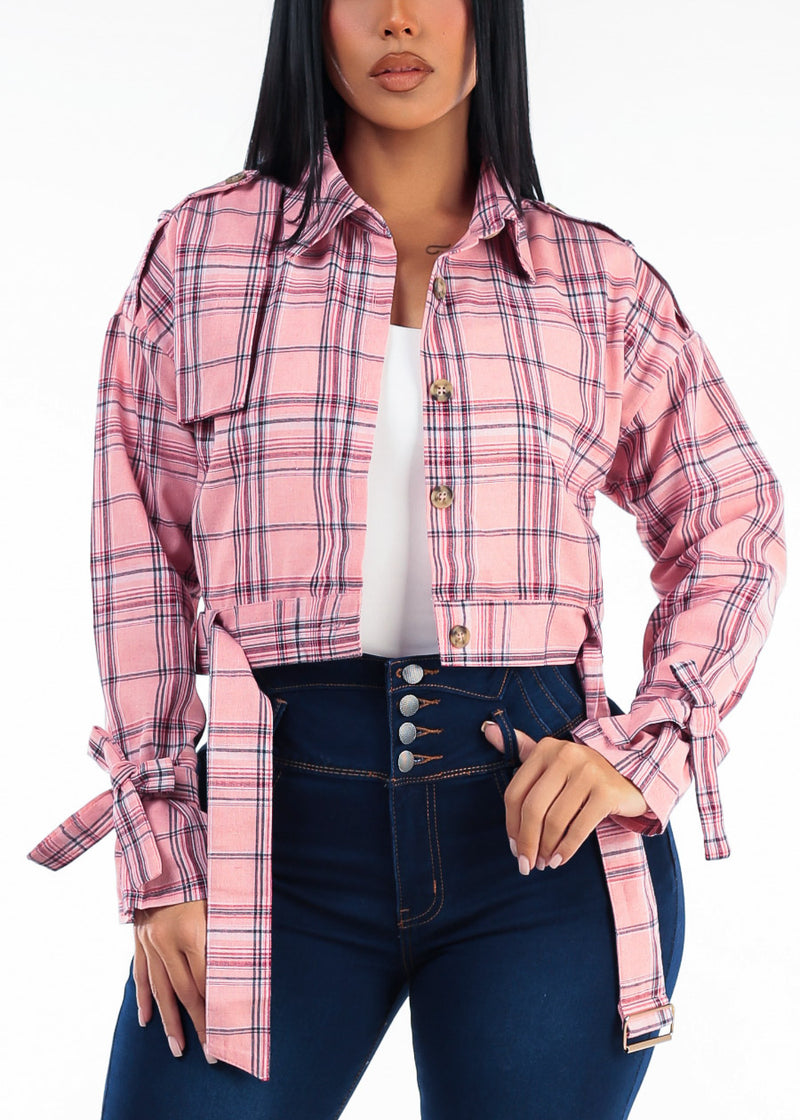 Long Sleeve Button Up Plaid Jacket Pink w Belt