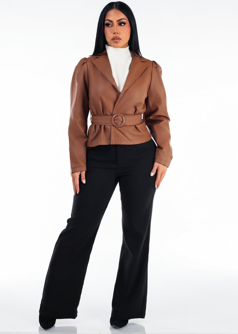 Long Puff Sleeve Vegan Leather Belted Jacket Camel