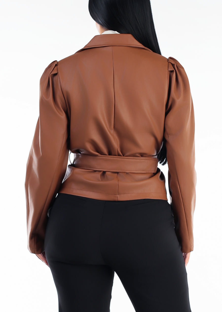 Long Puff Sleeve Vegan Leather Belted Jacket Camel, view 5 of 6
