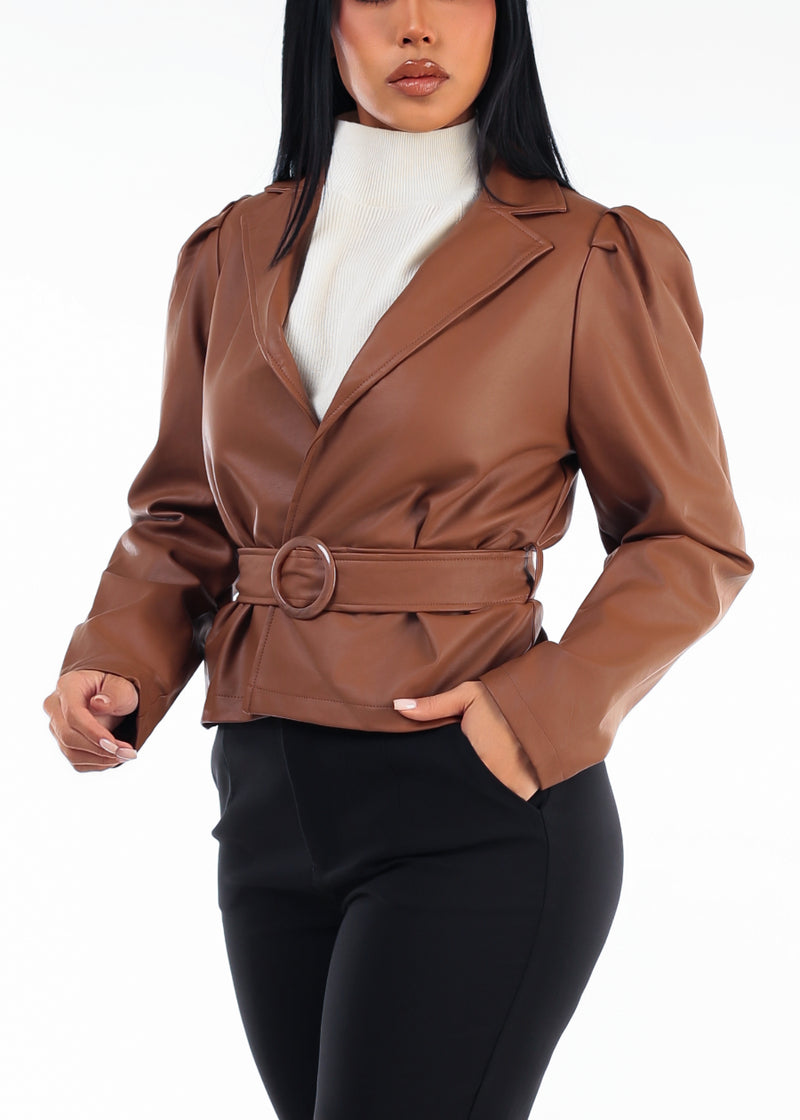 Long Puff Sleeve Vegan Leather Belted Jacket Camel