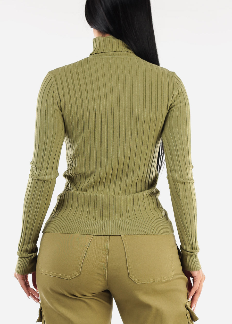 Long Sleeve Ribbed Turtleneck Sweater Light Olive