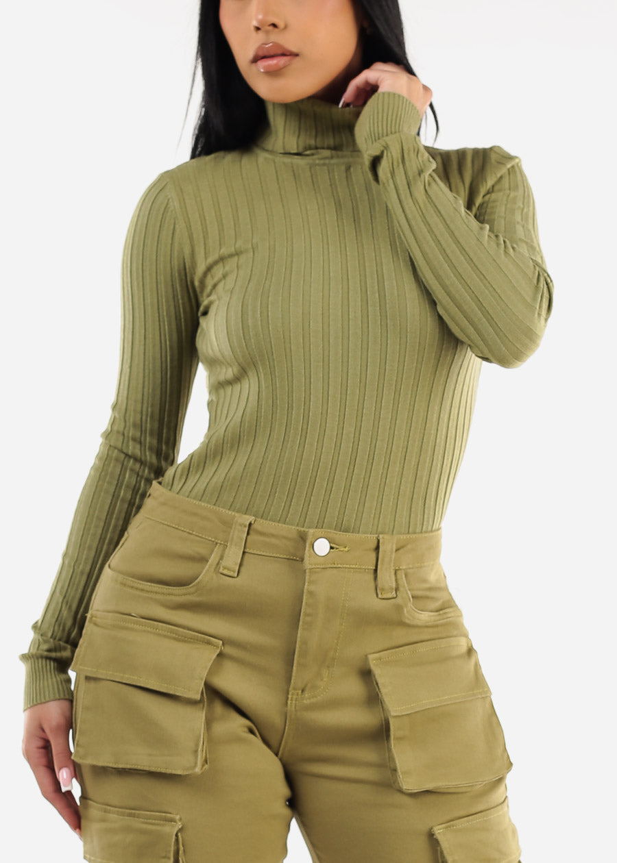 Long Sleeve Ribbed Turtleneck Sweater Light Olive