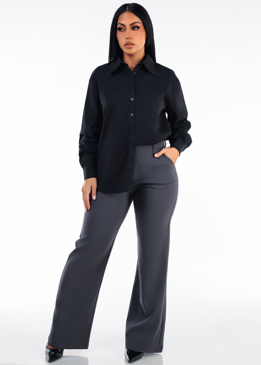 Butt Lifting Super High Waist Wide Leg Stretch Dress Pants Charcoal, view 2 of 6