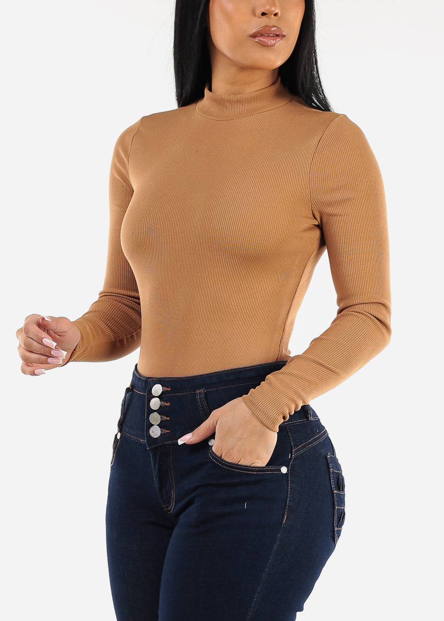 Long Sleeve Ribbed Mock Neck Bodysuit Light Brown