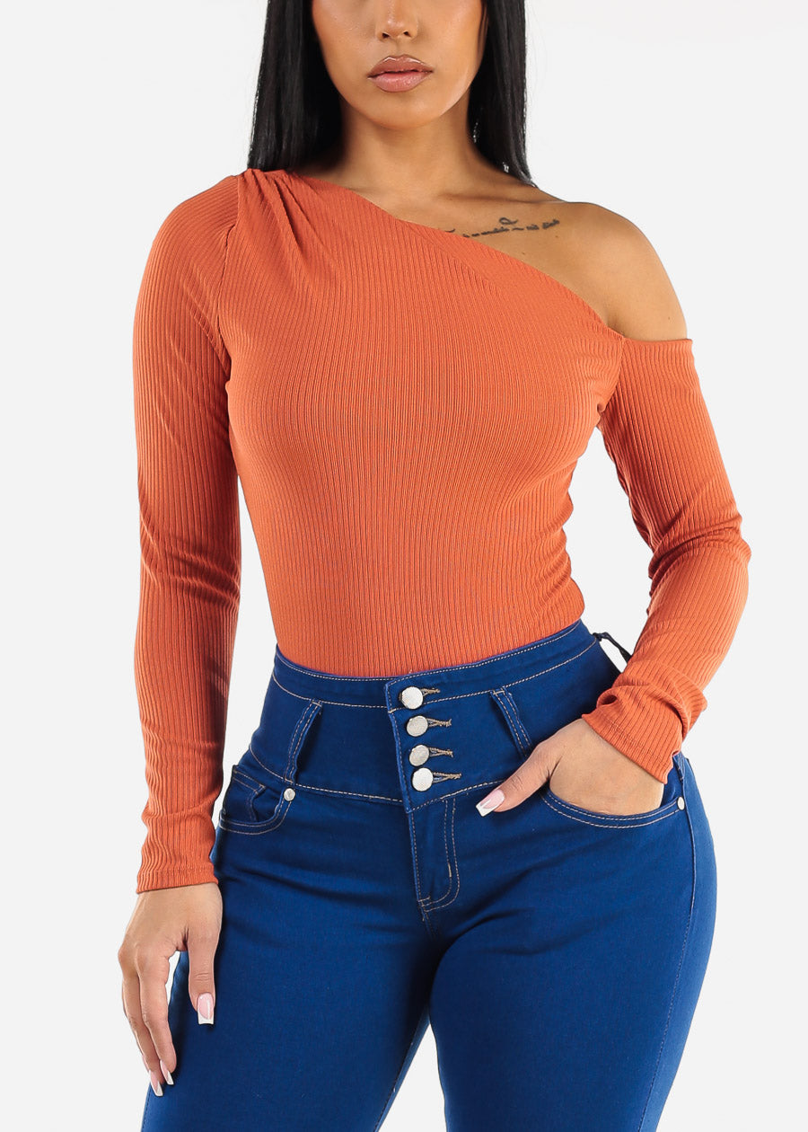 Long Sleeve Asymmetrical Neck Bodysuit Rust