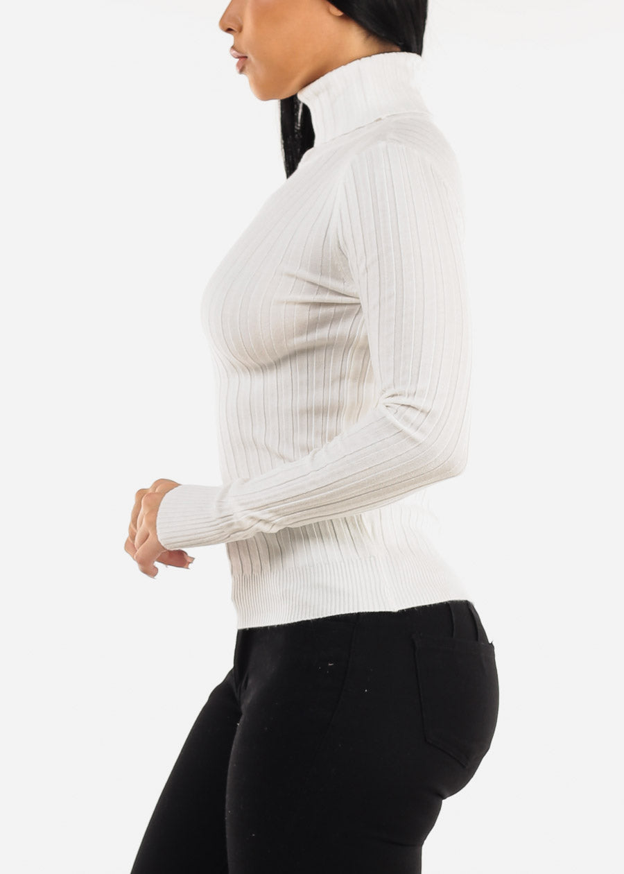 Long Sleeve White Ribbed Turtleneck Sweater