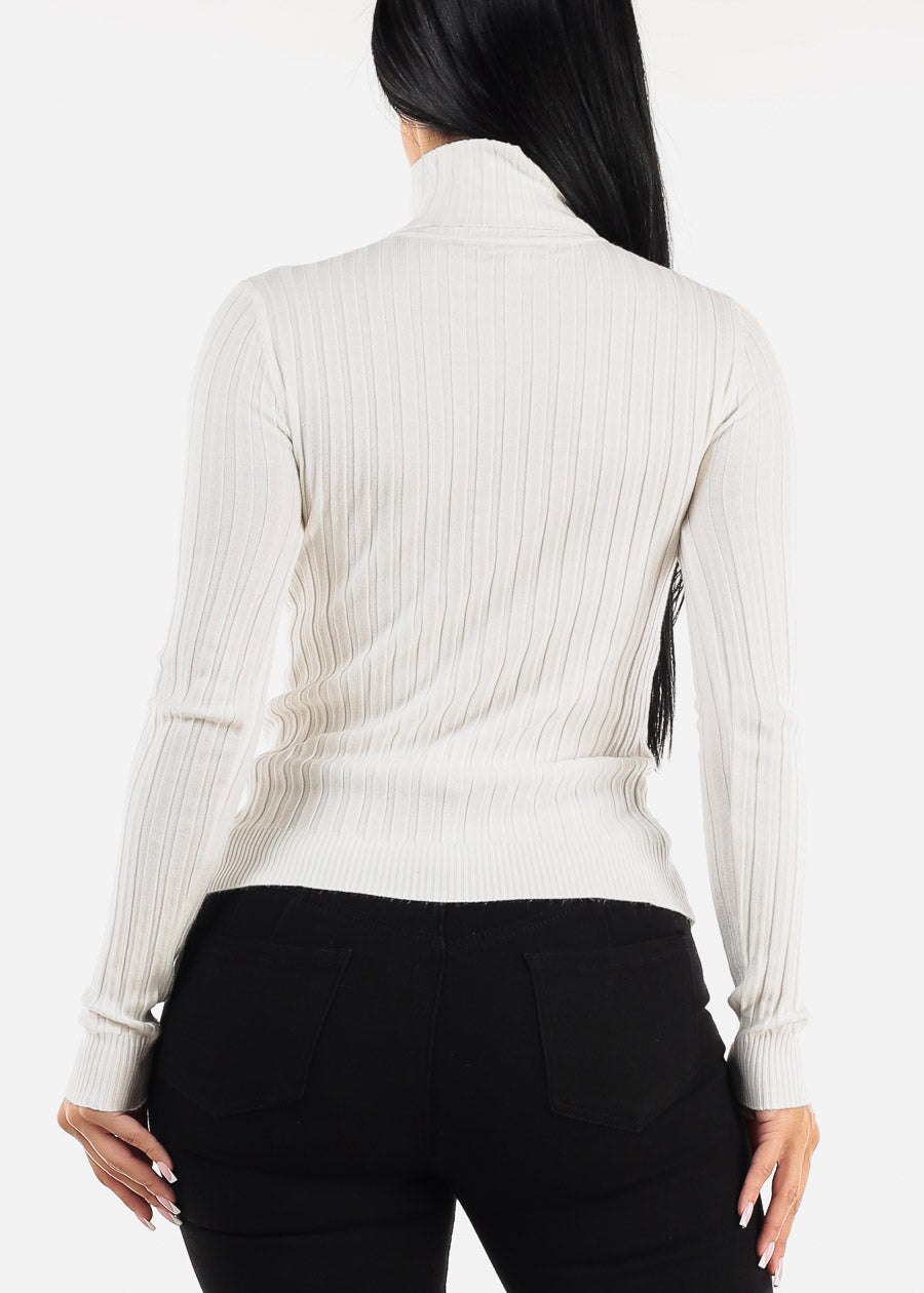 Long Sleeve White Ribbed Turtleneck Sweater