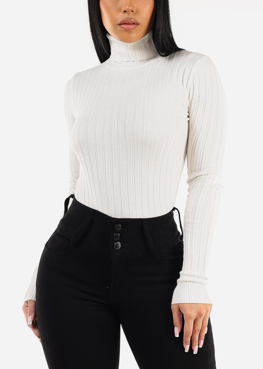 Long Sleeve White Ribbed Turtleneck Sweater