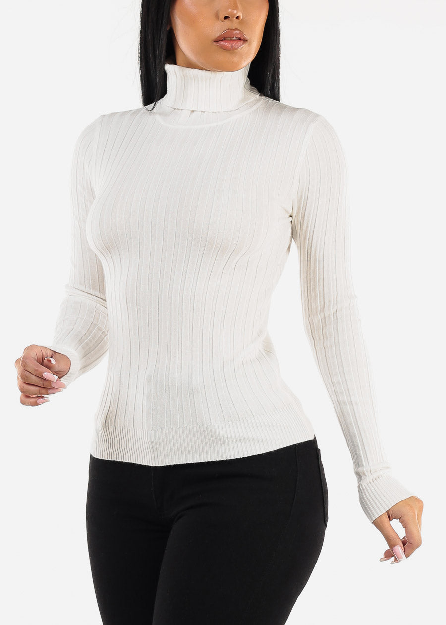 Long Sleeve White Ribbed Turtleneck Sweater