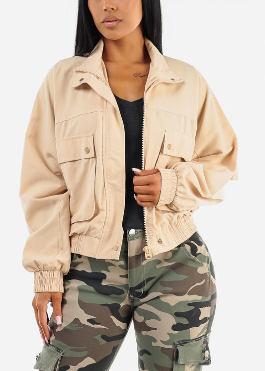 Long Sleeve Zip Up Utility Bomber Jacket Tan