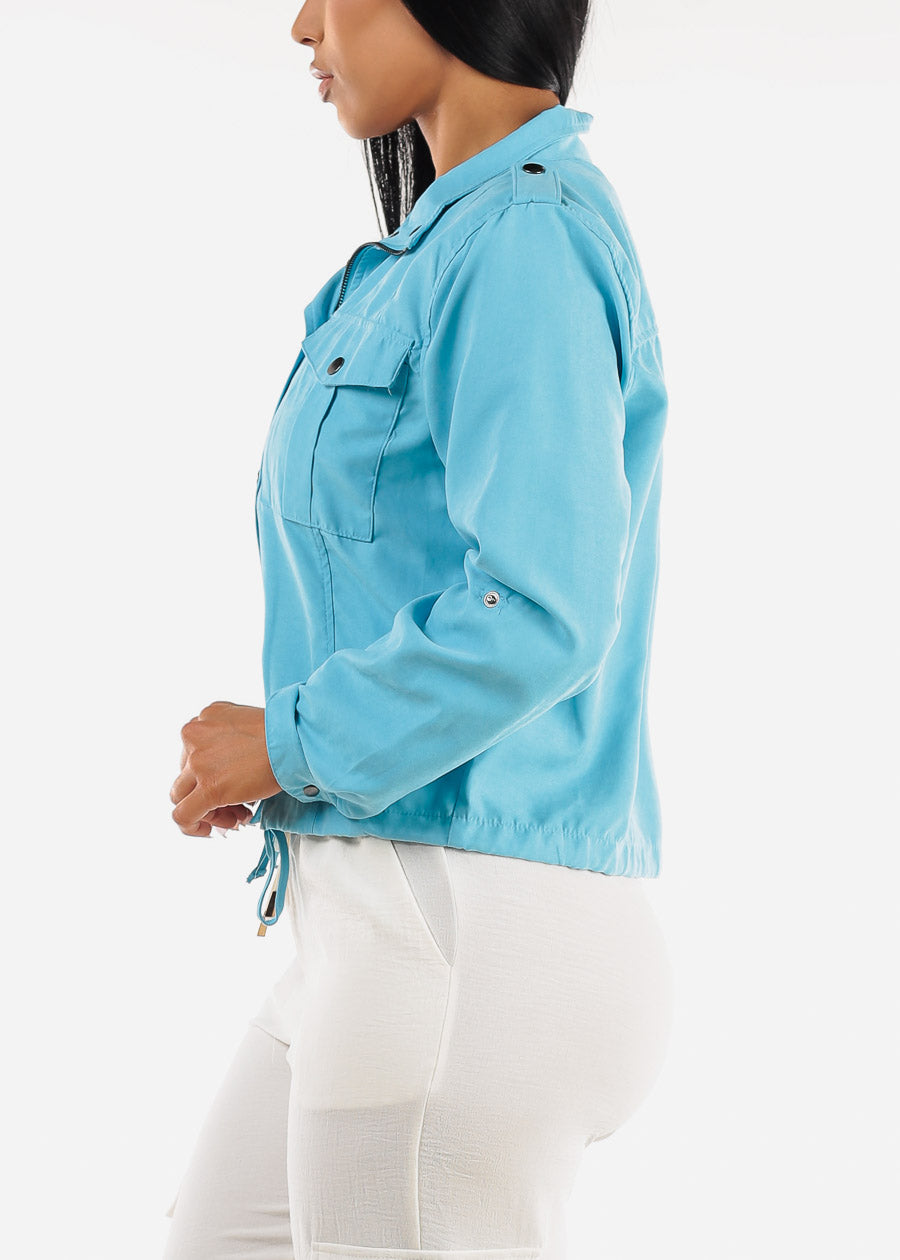 Zip Up Drawstring Waist Jacket Aqua