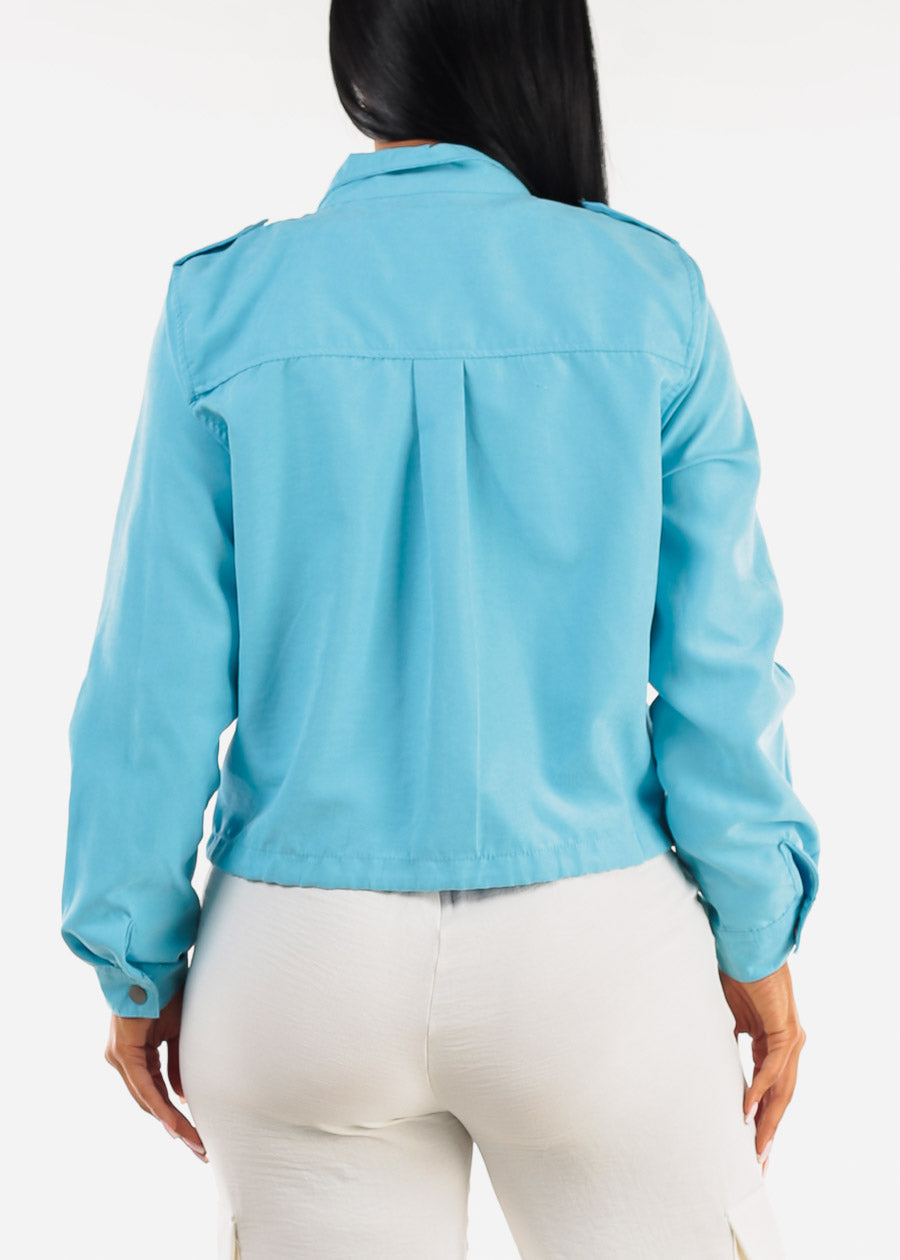 Zip Up Drawstring Waist Jacket Aqua