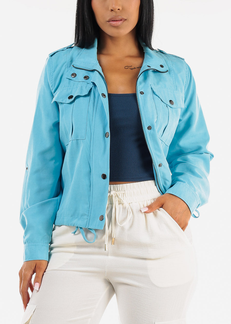 Zip Up Drawstring Waist Jacket Aqua