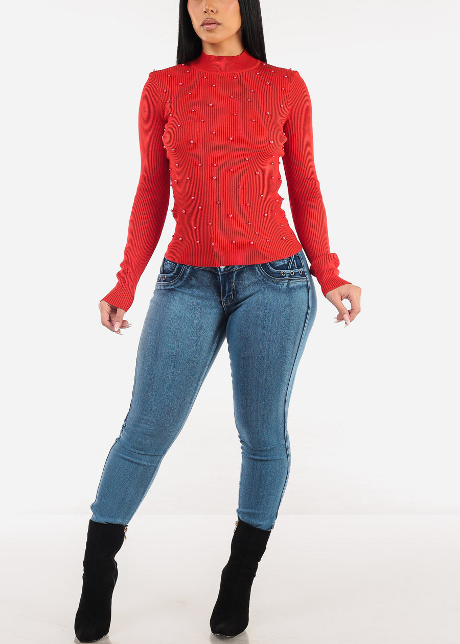 Long Sleeve Mock Neck Pearl Sweater Red