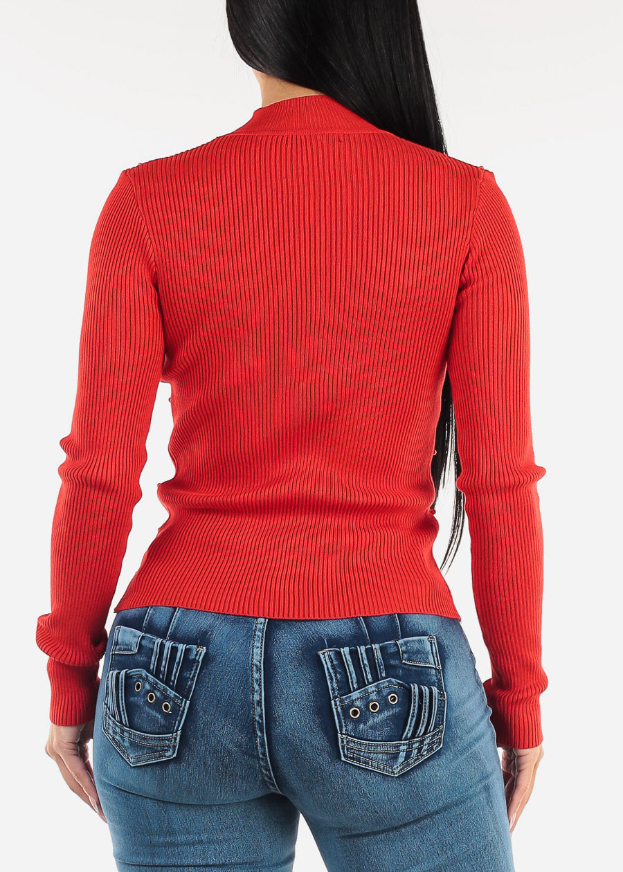 Long Sleeve Mock Neck Pearl Sweater Red