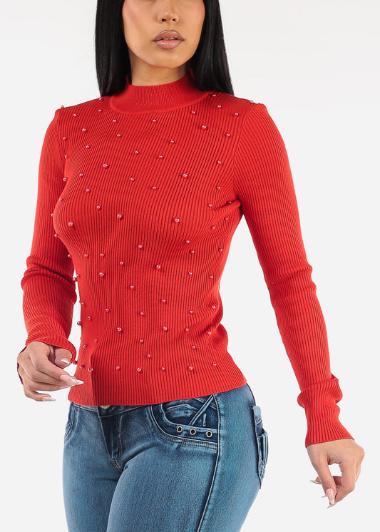 Long Sleeve Mock Neck Pearl Sweater Red