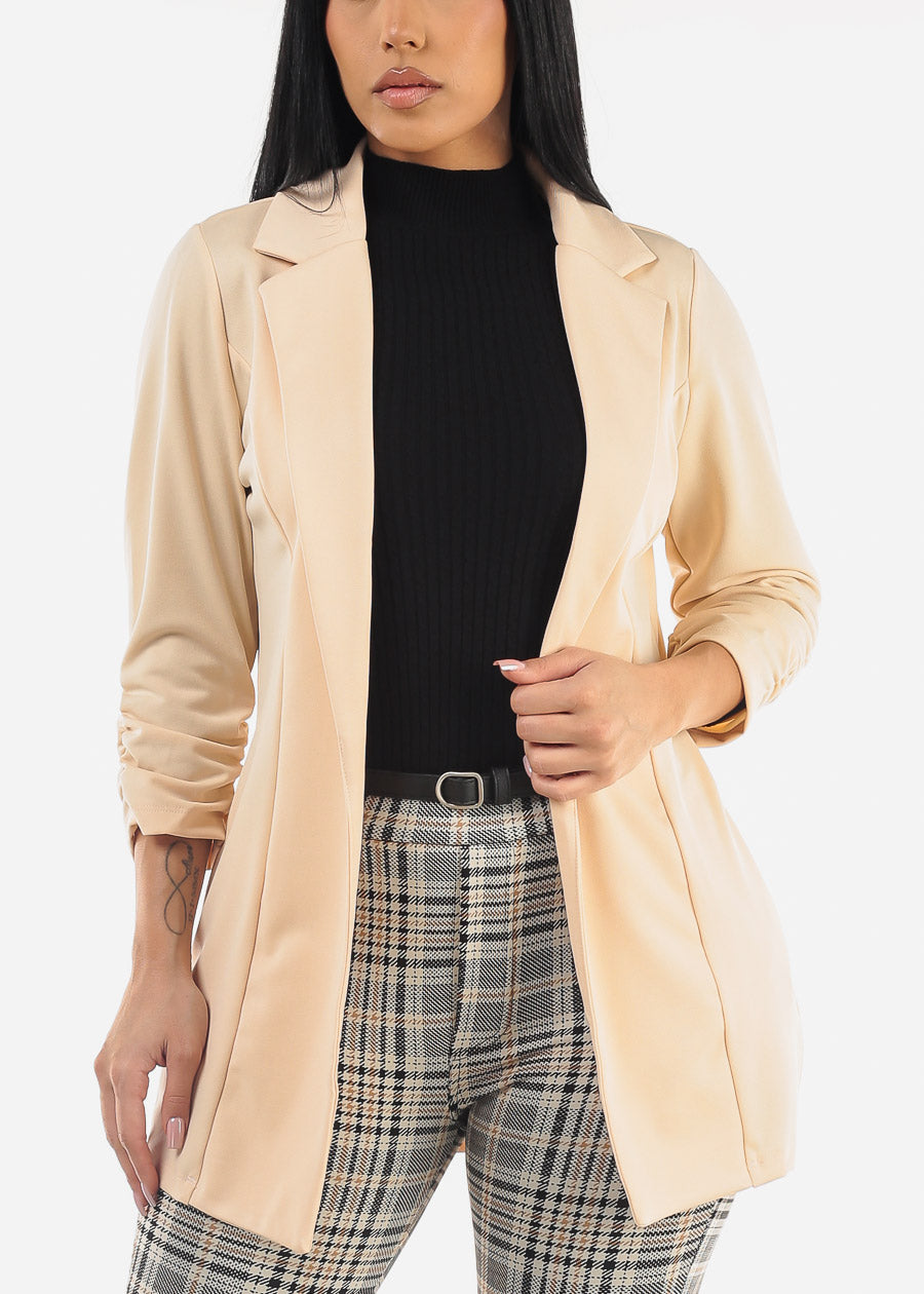 Formal Open Front Quarter Sleeve Blazer Cream