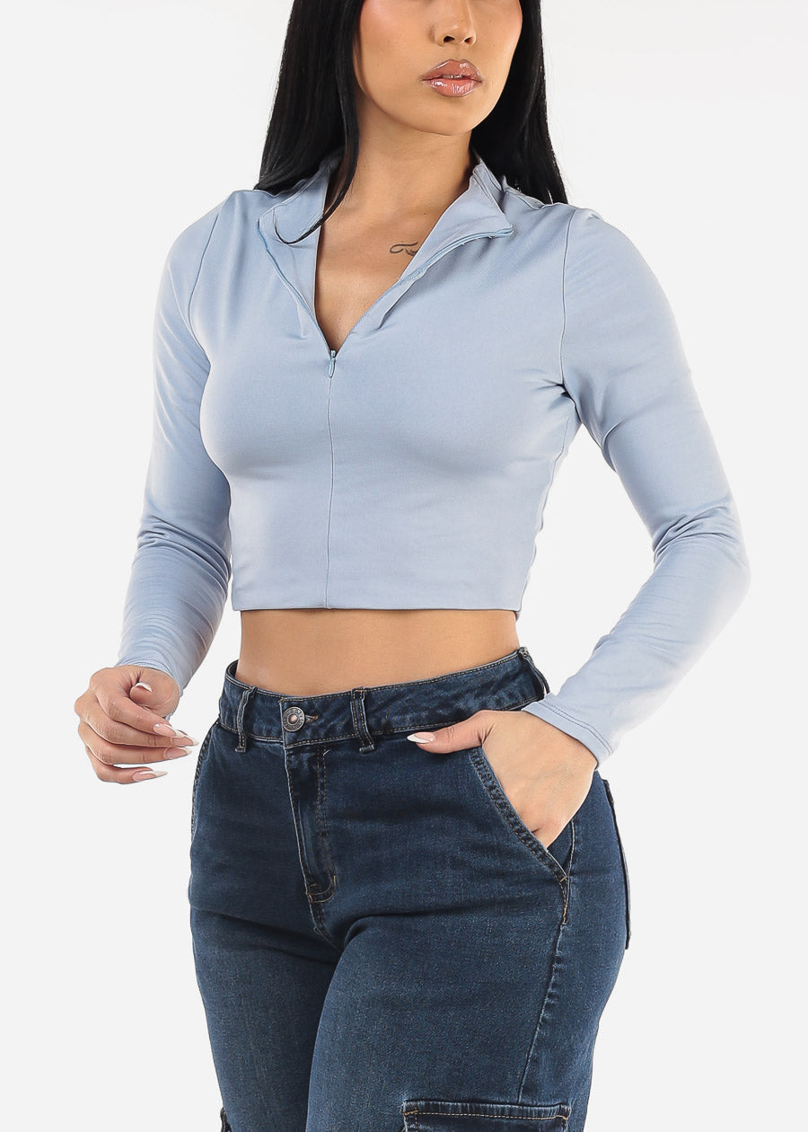 Long Sleeve Half Zip Up Crop Top Light Blue