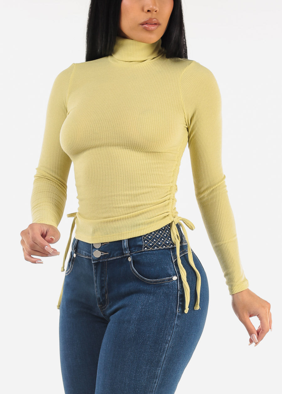 Long Sleeve Turtleneck Side Ruched Sweater Top Light Green