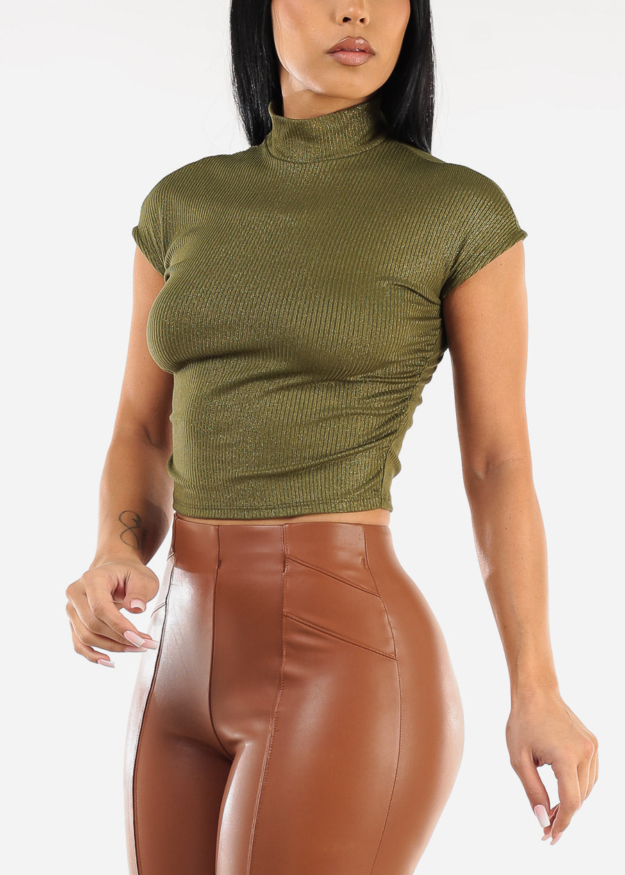 Short Sleeve Mock Neck Glittery Crop Top Olive