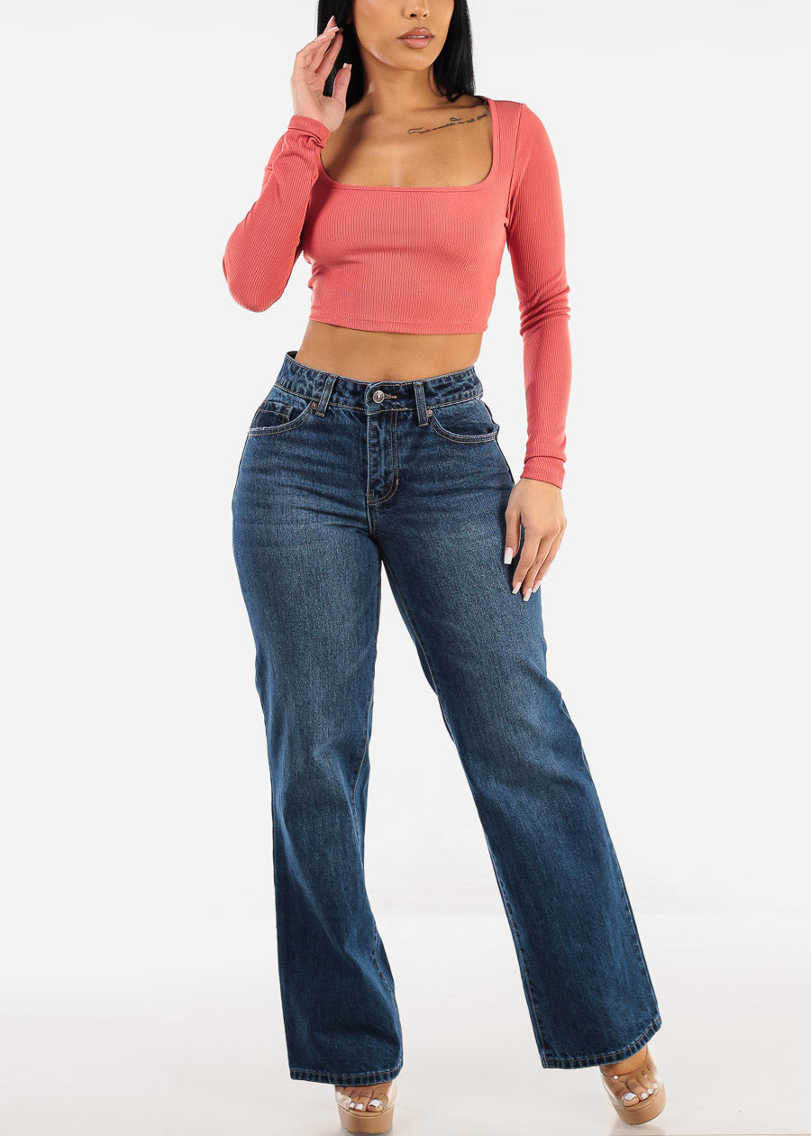 Wide Square Neck Long Sleeve Coral Crop Top