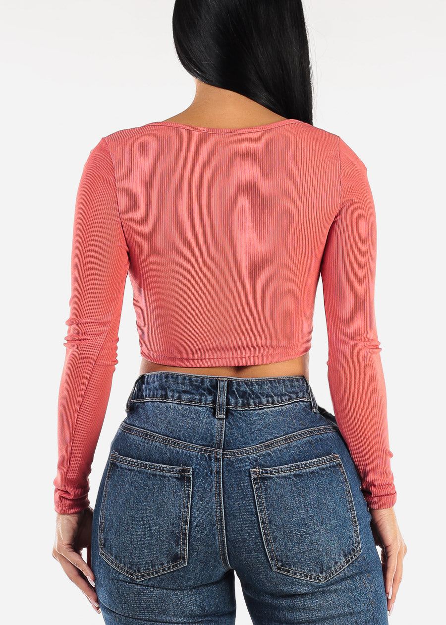 Wide Square Neck Long Sleeve Coral Crop Top