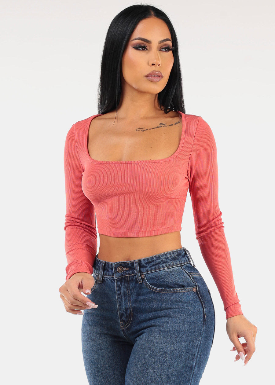 Wide Square Neck Long Sleeve Coral Crop Top