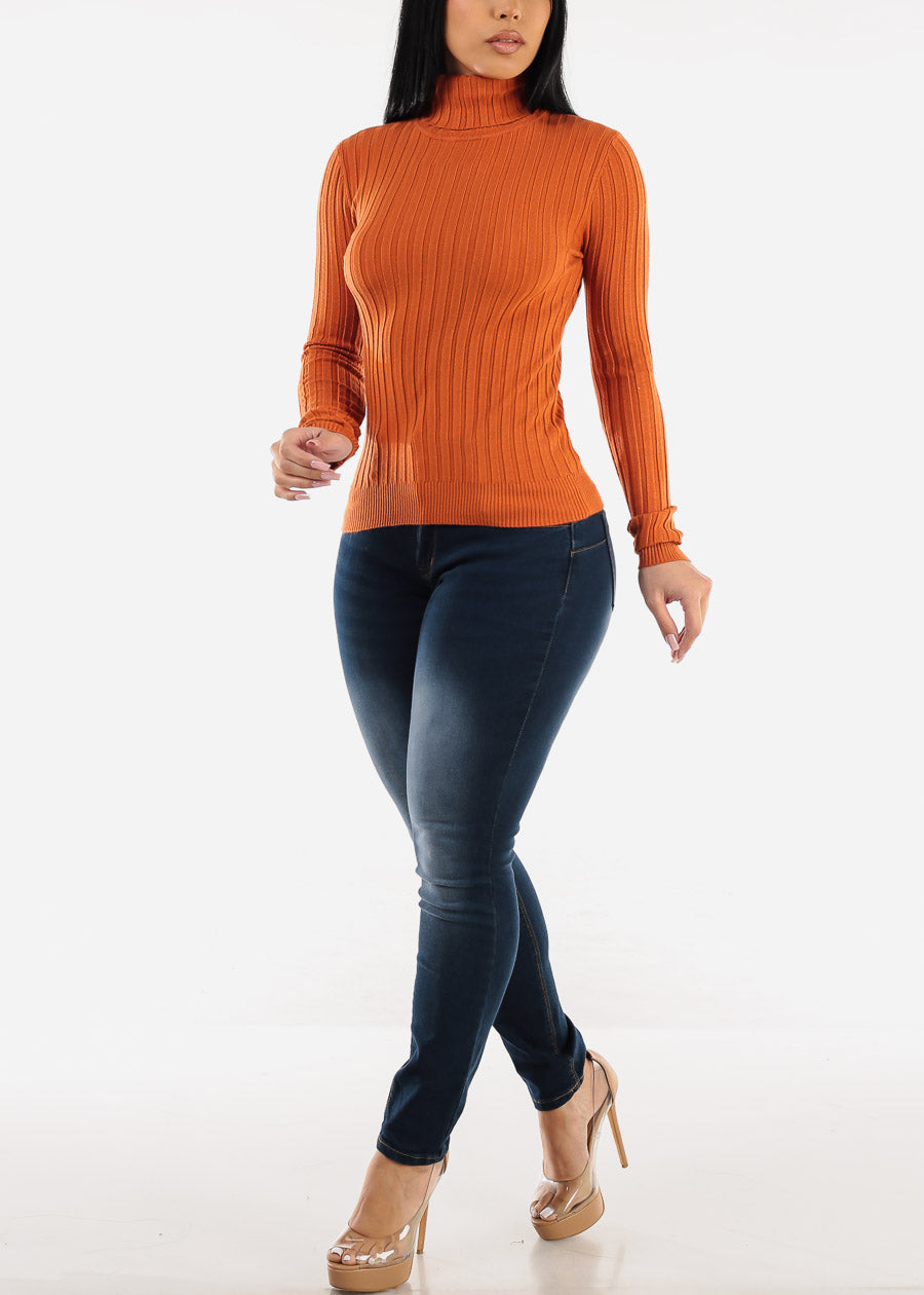 Long Sleeve Ribbed Turtleneck Sweater Rust