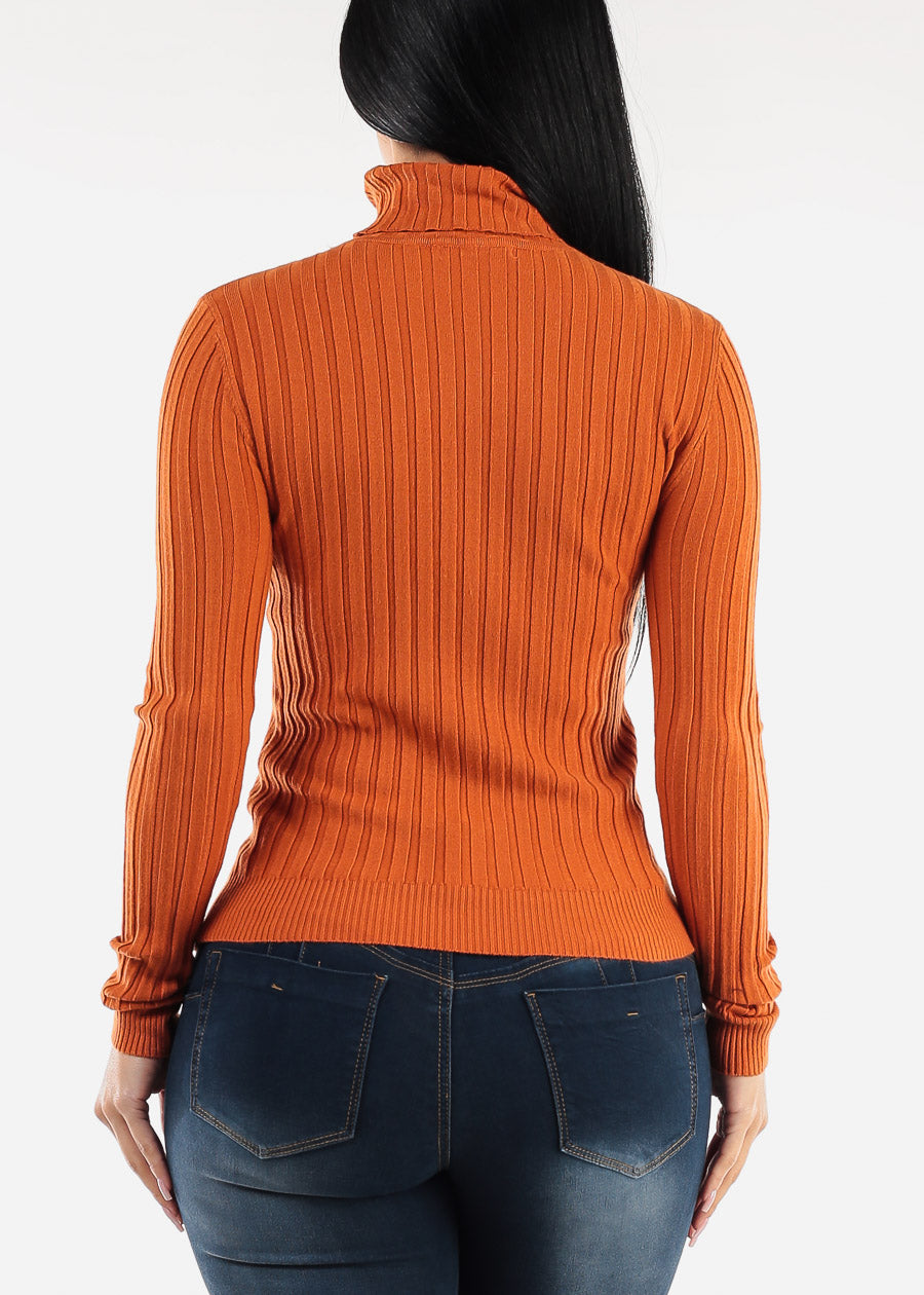 Long Sleeve Ribbed Turtleneck Sweater Rust