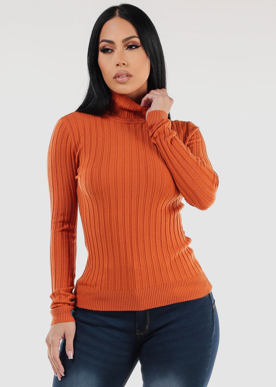 Long Sleeve Ribbed Turtleneck Sweater Rust