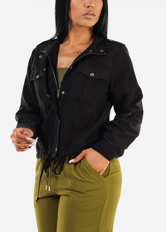 Zip Up Drawstring Waist Jacket Black