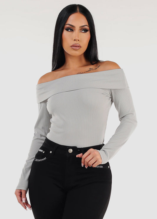 Off Shoulder Long Sleeve Top Light Grey