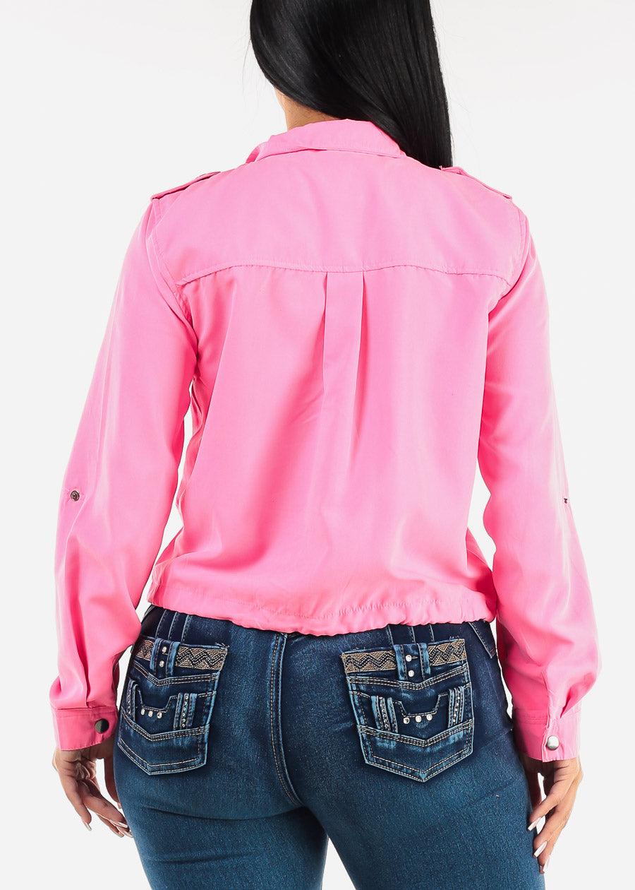 Zip Up Drawstring Waist Jacket Neon Pink