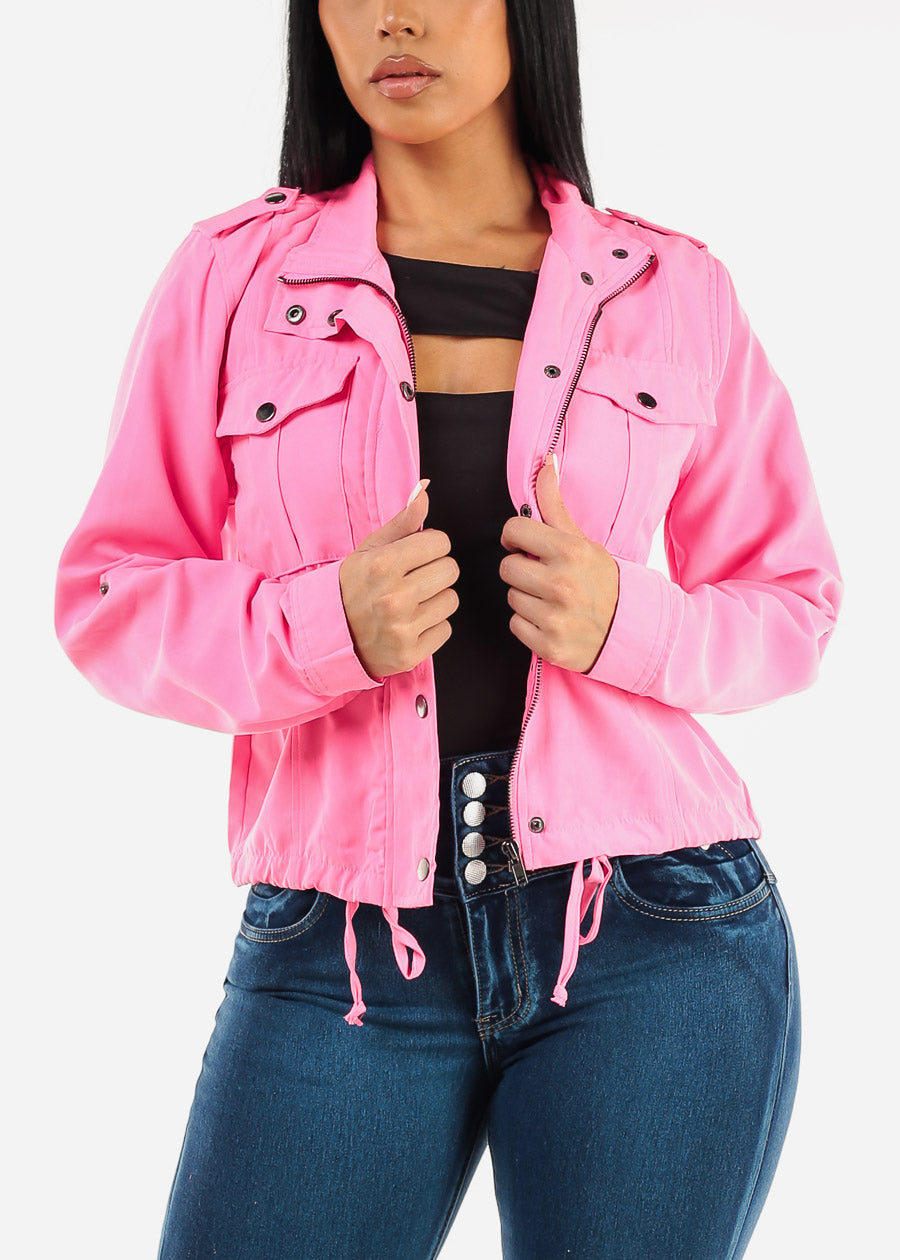 Zip Up Drawstring Waist Jacket Neon Pink