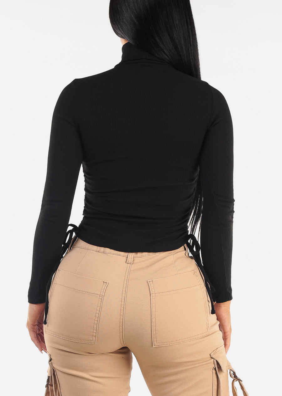 Long Sleeve Black Turtleneck Side Ruched Sweater Top