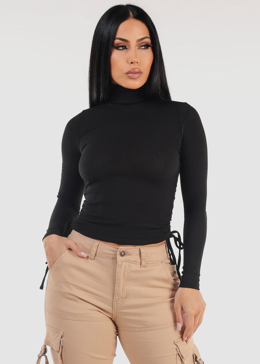 Long Sleeve Black Turtleneck Side Ruched Sweater Top