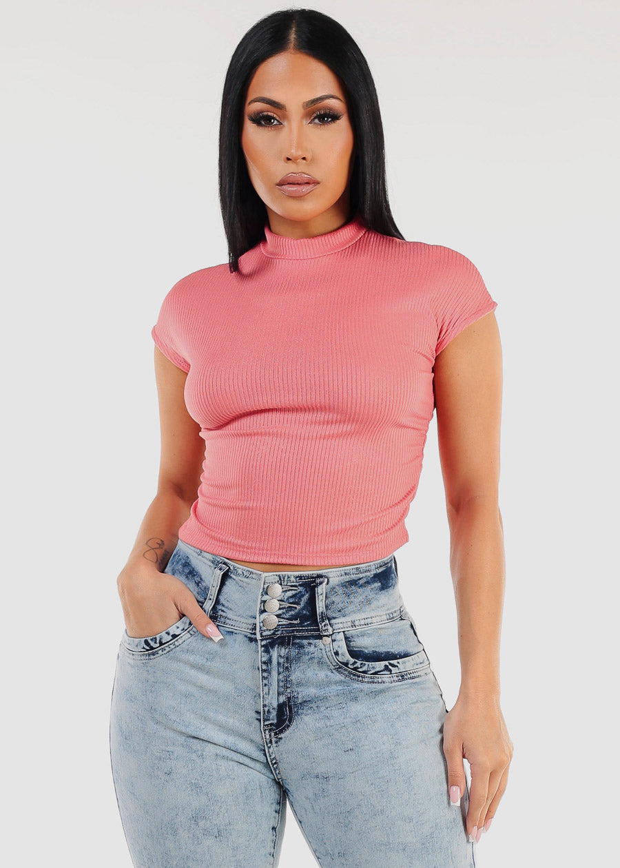 Short Sleeve Mock Neck Glittery Crop Top Pink