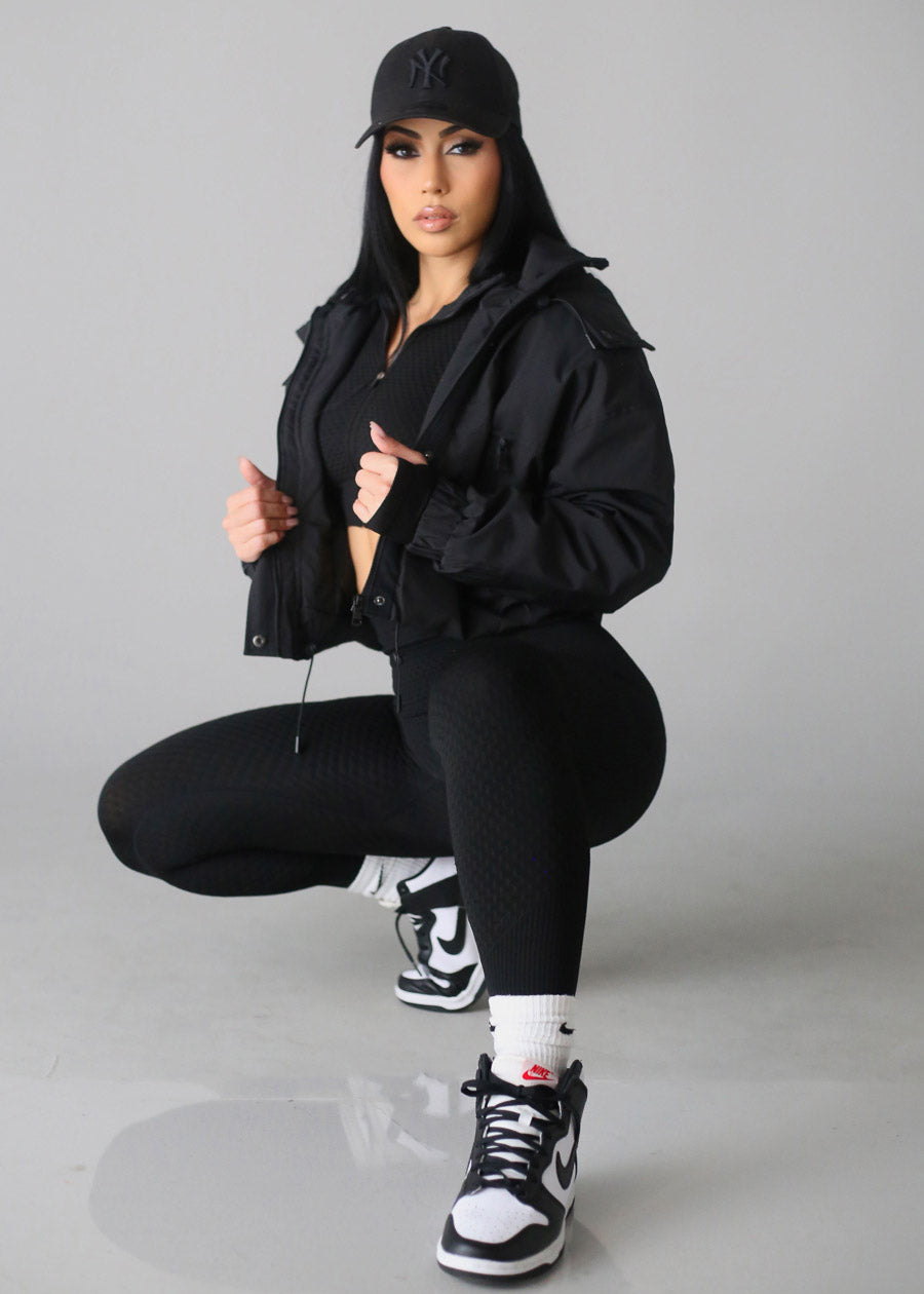 Black Zip Up Puffer Cropped Hooded Jacket