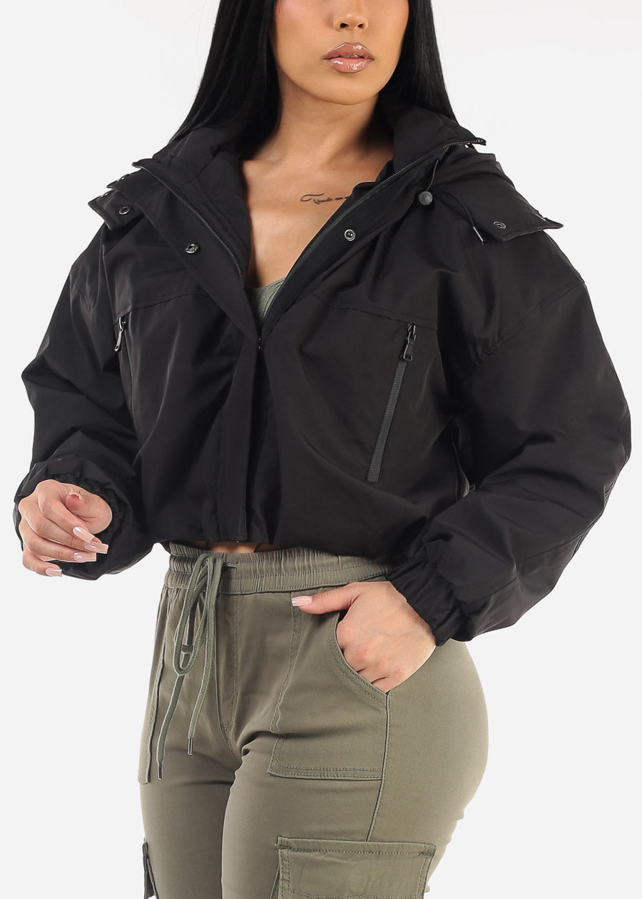 Black Zip Up Puffer Cropped Hooded Jacket