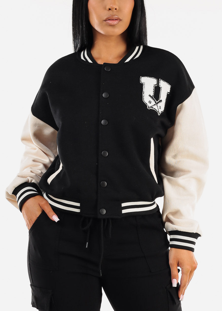 Long Sleeve Fleece Varsity Jacket Black "USA"