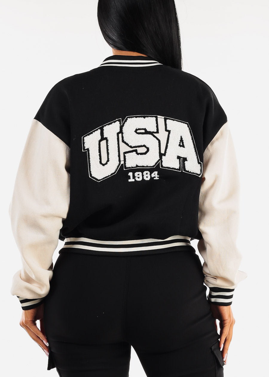 Long Sleeve Fleece Varsity Jacket Black "USA"