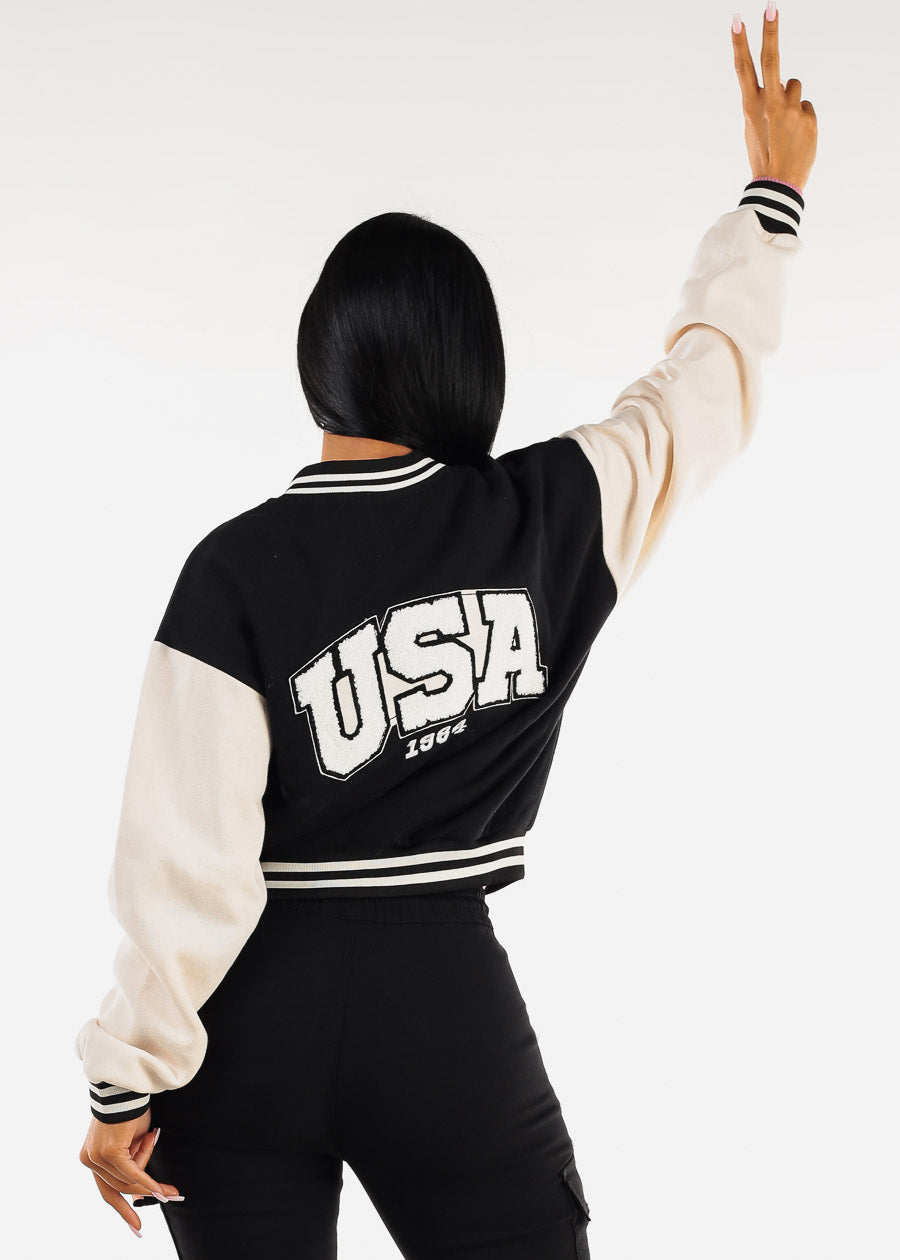 Long Sleeve Fleece Varsity Jacket Black 