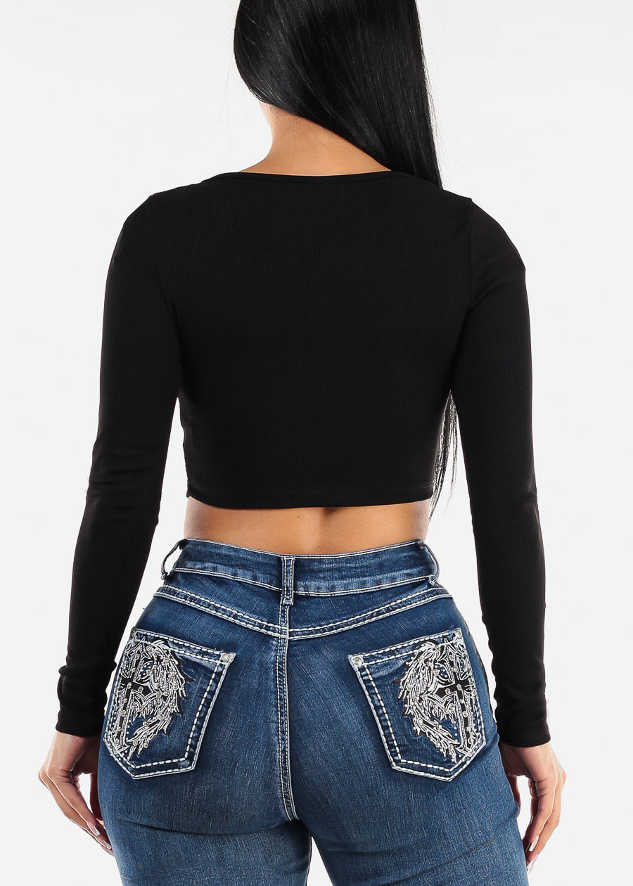 Wide Square Neck Long Sleeve Black Crop Top