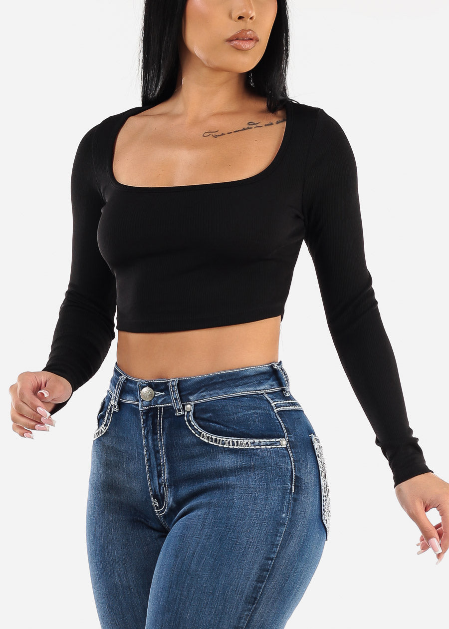 Wide Square Neck Long Sleeve Black Crop Top