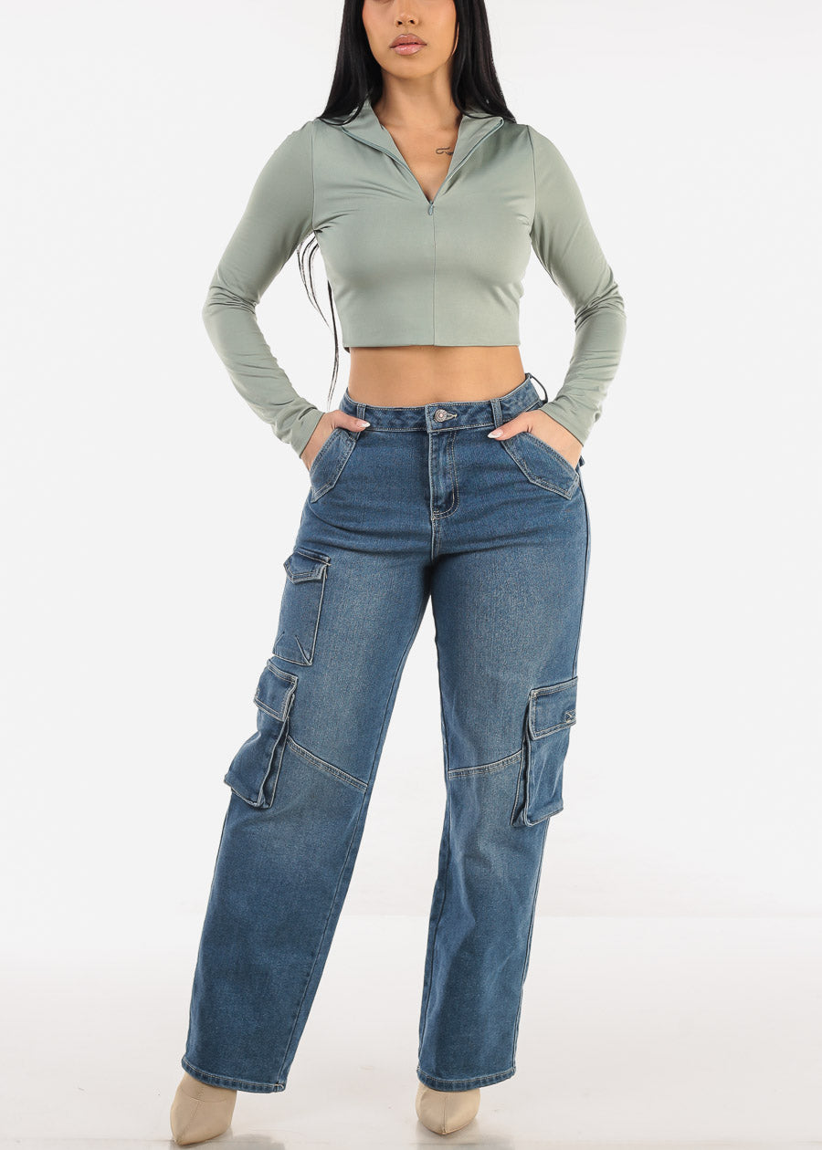 Long Sleeve Half Zip Up Crop Top Sage