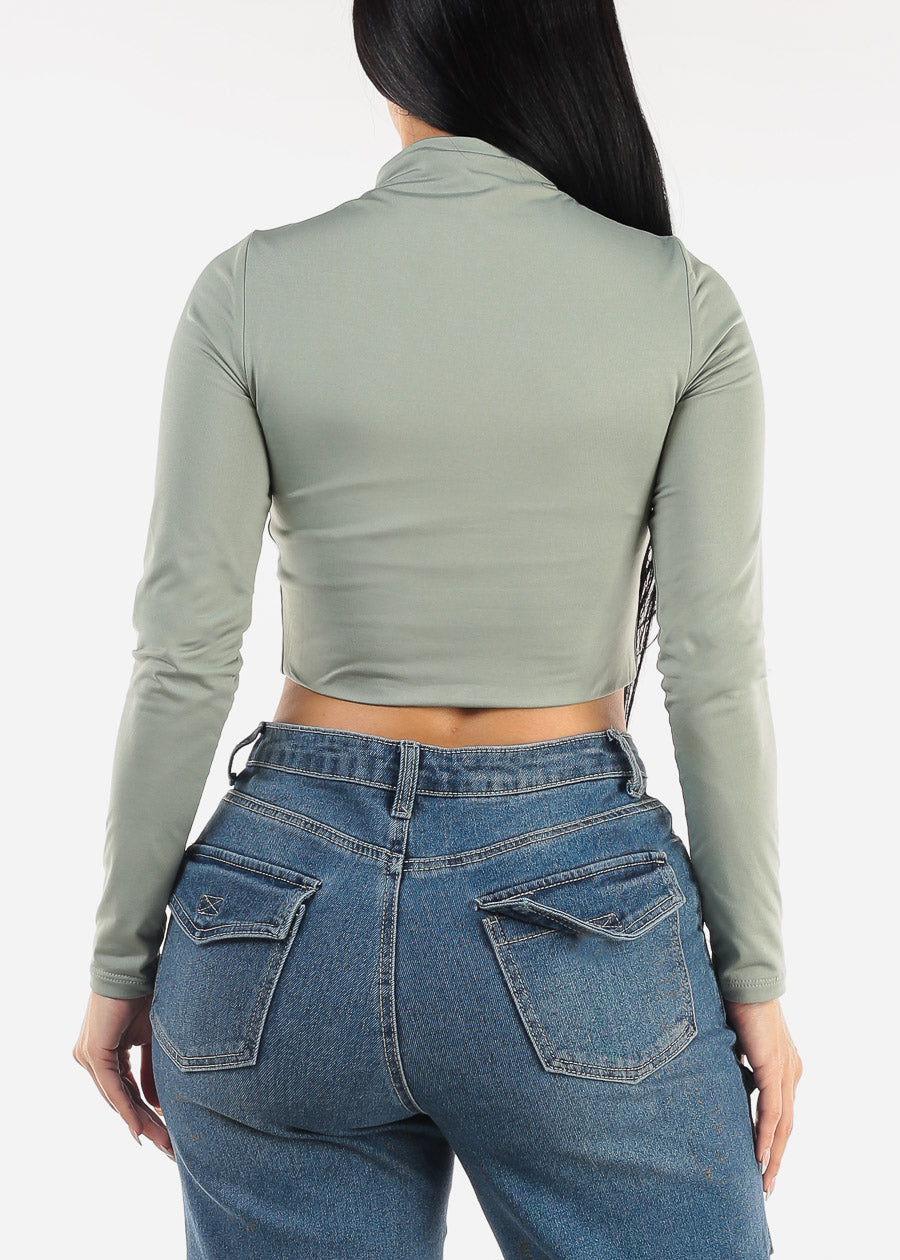 Long Sleeve Half Zip Up Crop Top Sage