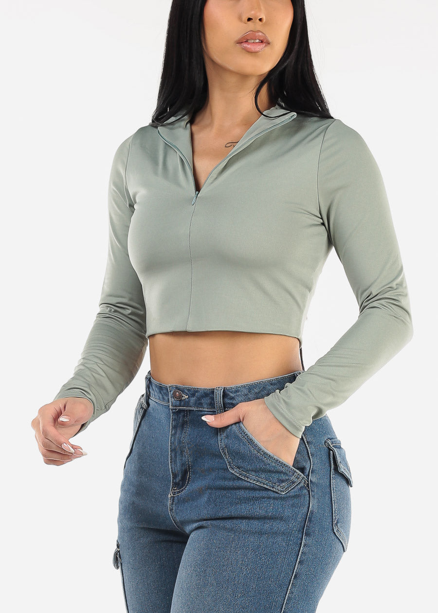 Long Sleeve Half Zip Up Crop Top Sage