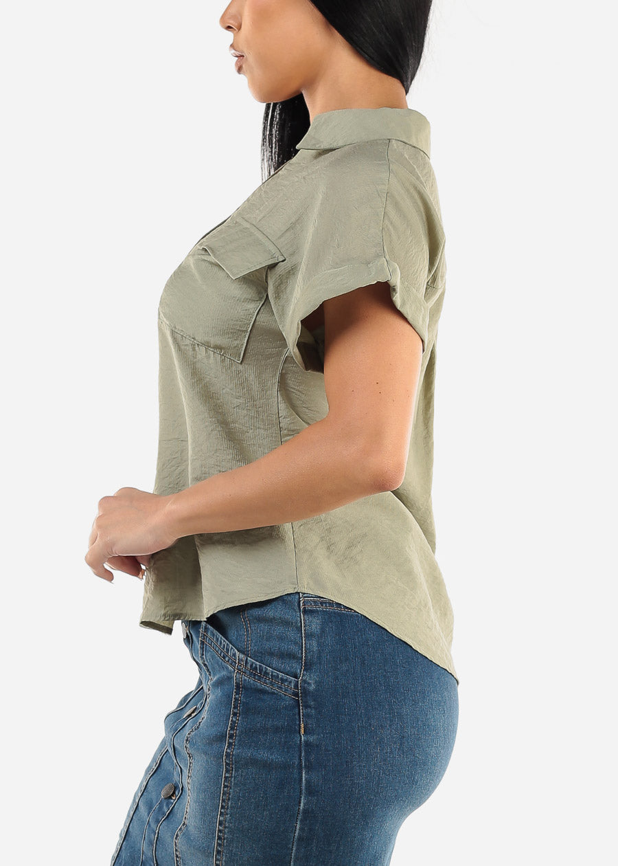 Short Sleeve Round Hem Collared Blouse Light Olive w Pockets